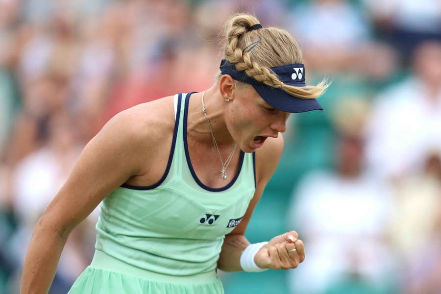 Dayana Yastremska reacts as she plays against Magda Linette in Nottingham
