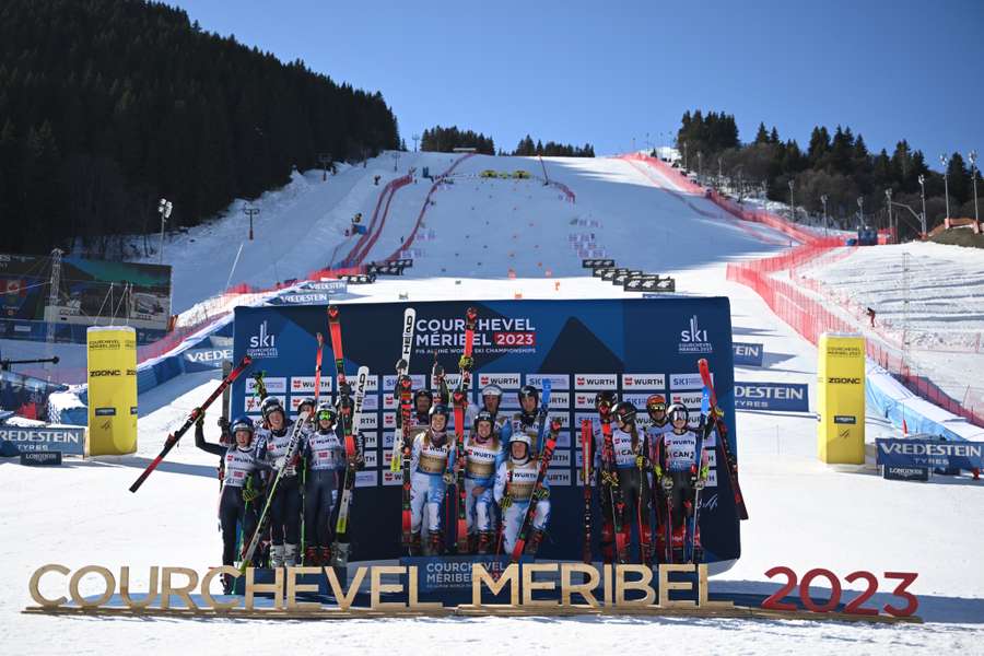 The podium at the Meribel mixed-sex team parallel event 