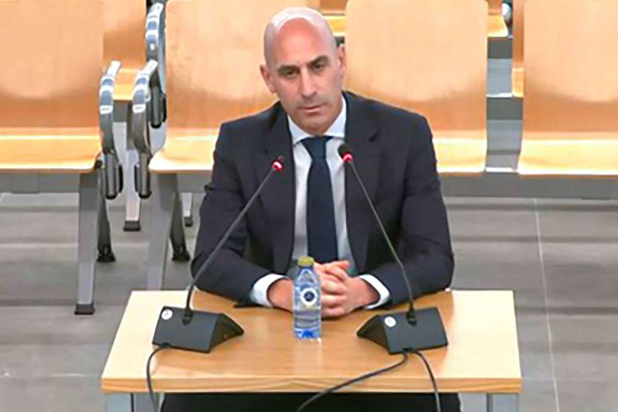 Former Spanish football federation president Luis Rubiales is pictured taking the stand during his trial at the court of San Fernando de Henares