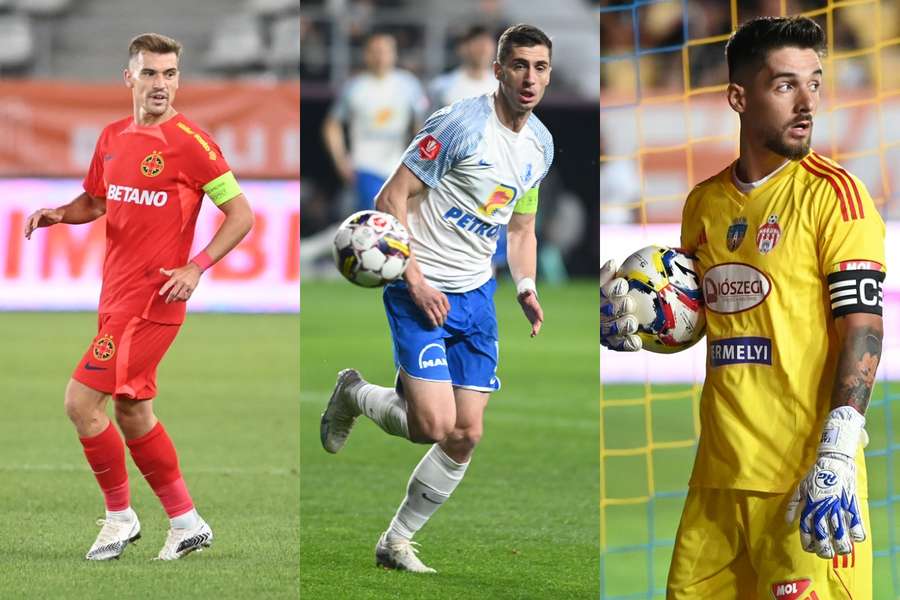 Căpitanii celor trei echipe românești: Darius Olaru (FCSB), Ionuț Larie (Farul) și Roland Niczuly (Sepsi OSK)