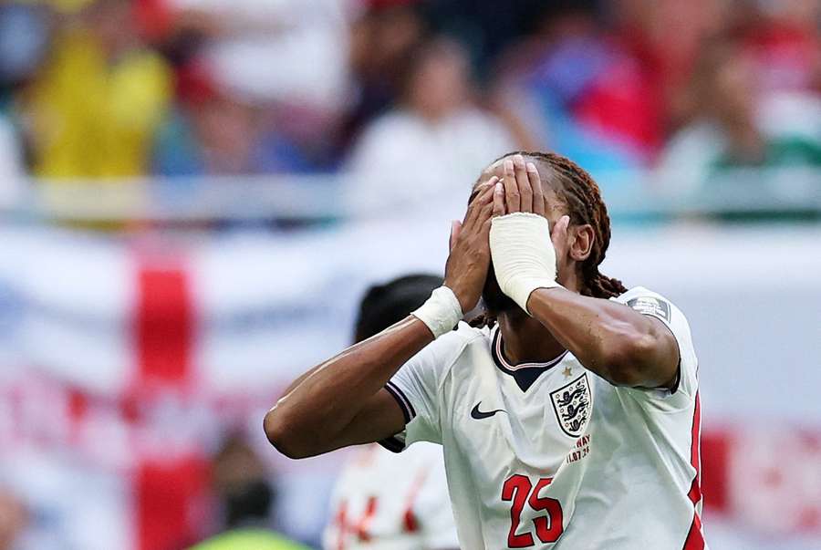 England's Djed Spence reacts after a penalty was overturned. England's Djed Spence reacts after a penalty was overturned.