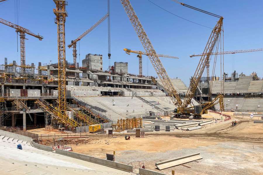 A general view shows construction works of the Hassan II Stadium A general view shows construction works of the Hassan II Stadium
