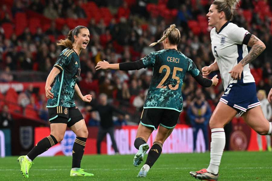 Sara Däbritz celebrates Germany's fourth goal at Wembley