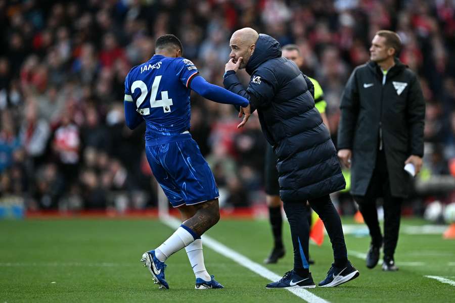 Chelsea boss Maresca speaks with James from the touchline