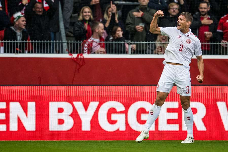 Jannik Vestergaard celebrates after scoring Denmark's second