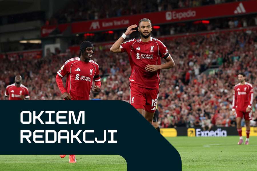 Cody Gakpo świętuje zdobycie bramki podczas meczu Premier League pomiędzy Liverpoolem a Bournemouth na stadionie Anfield 15 sierpnia 2025 r.