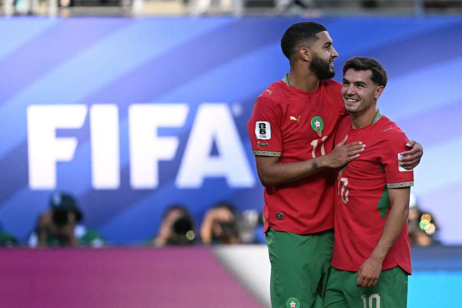 L’attaquant marocain Brahim Díaz célèbre avec Ismael Saibari l’ouverture du score du Maroc lors du match du groupe C de la Coupe du monde 2026 face au Brésil, disputé au New York/New Jersey Stadium d’East Rutherford, le 13 juin 2026. L’attaquant marocain Brahim Díaz célèbre avec Ismael Saibari l’ouverture du score du Maroc lors du match du groupe C de la Coupe du monde 2026 face au Brésil, disputé au New York/New Jersey Stadium d’East Rutherford, le 13 juin 2026.