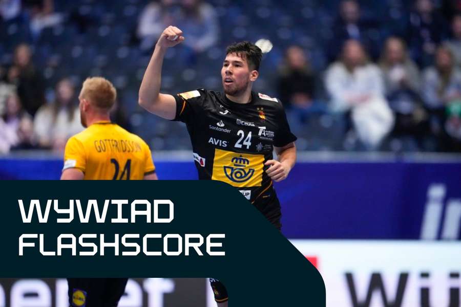 Dani Dujshebaev świętuje gola dla Hiszpanii, przeciwko Szwecji na ostatnich Mistrzostwach Świata