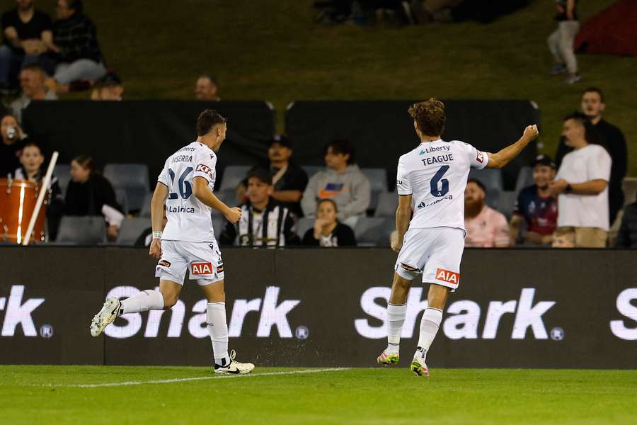 Ryan Teague celebrates the first of Melbourne Victory's two A-League goals against Macarthur FC.