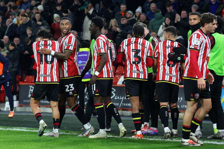 Sheffield United players celebrate after Tyrese Campbell's goal