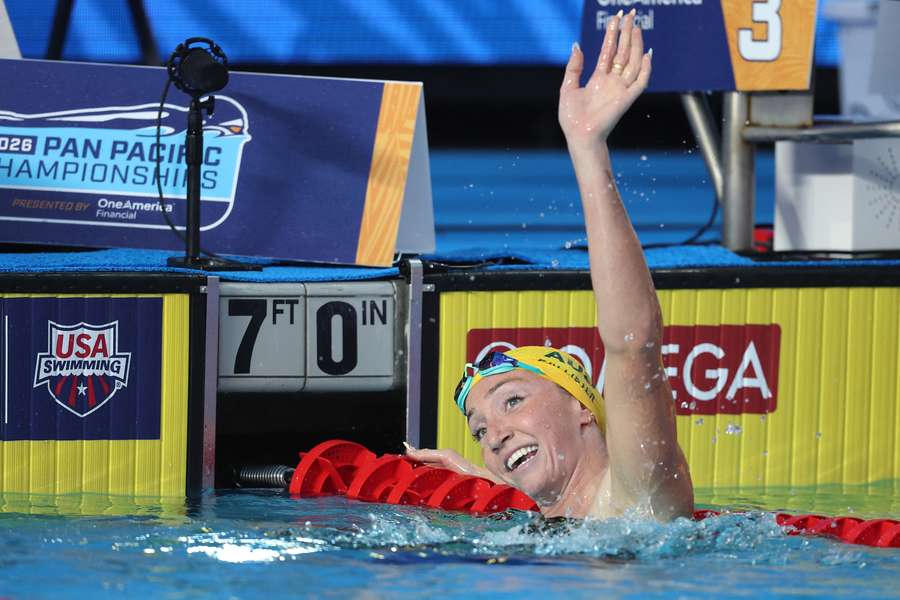 Lani Pallister celebrating her 200 metre freestyle win in California. Lani Pallister celebrating her 200 metre freestyle win in California.