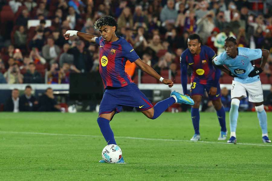 Barcelona's Lamine Yamal scores from the penalty spot against Celta Vigo