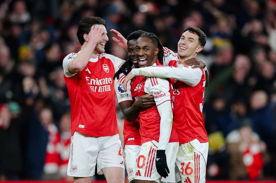 Arsenal's Eberechi Eze celebrates his hat-trick goal against Tottenham Arsenal's Eberechi Eze celebrates his hat-trick goal against Tottenham