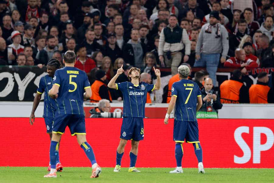 Porto's Rodrigo Mora celebrates scoring their second goal against Stuttgart