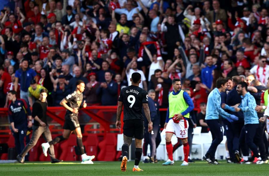 Arsenal's Brazilian striker Gabriel Jesus (C) leaves the pitch at the final whistle during the English Premier League football match between Nottingham Forest and Arsenal