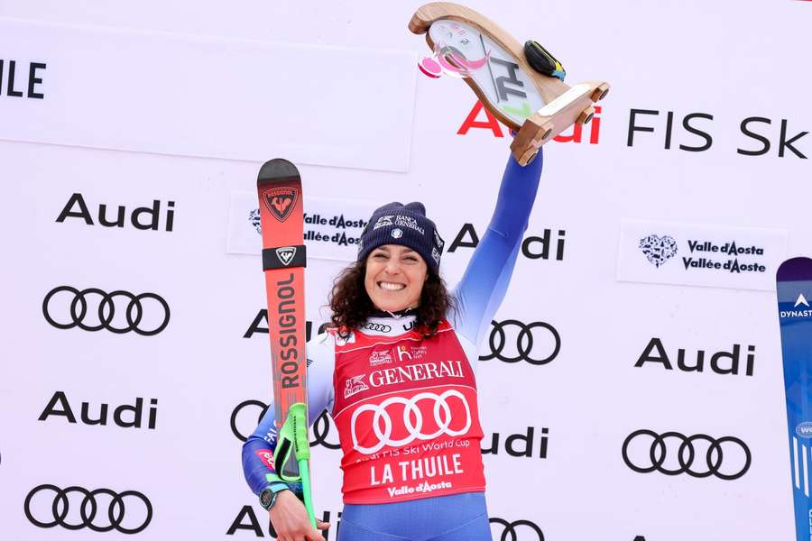 Brignone celebrates her win
