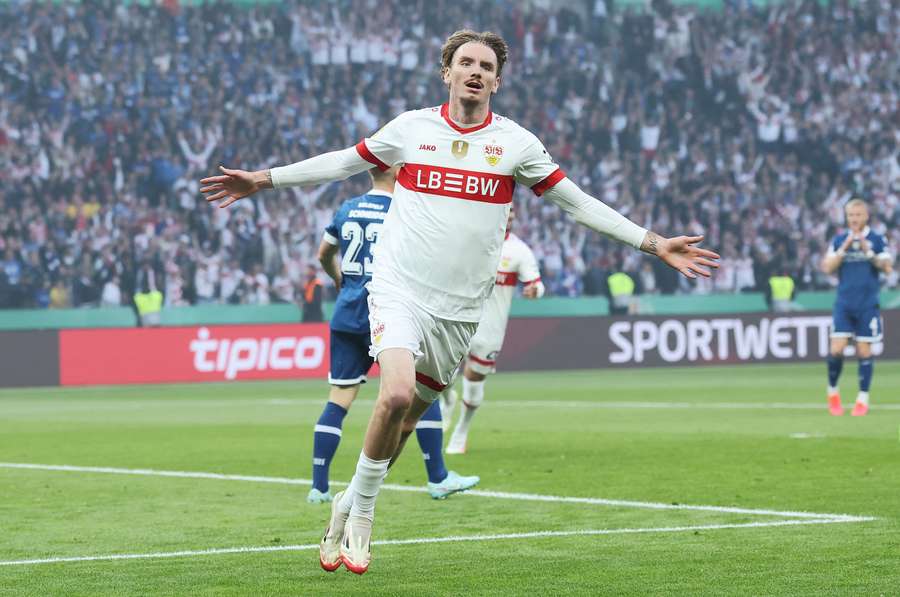 Nick Woltemade celebrates scoring Stuttgart's first goal in the DFB Cup Final against Arminia Bielefeld in May