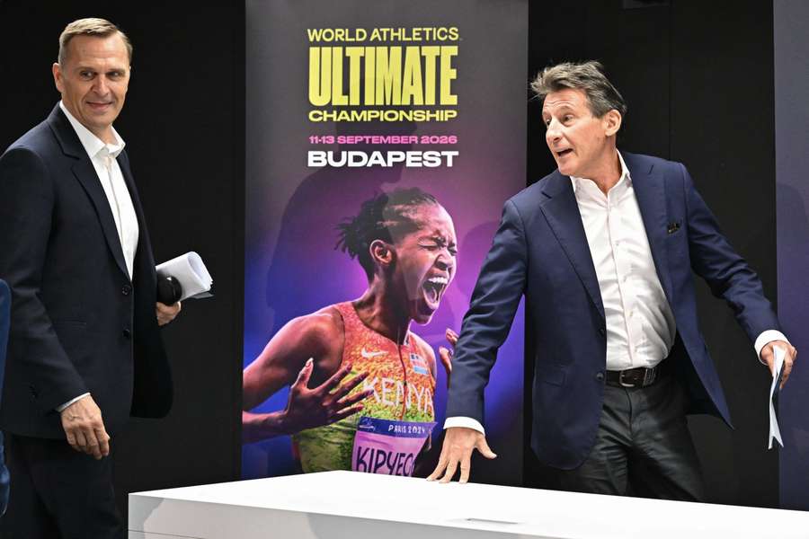 World Athletics President Sebastian Coe (R) with World Athletics CEO Jon Ridgeon at a press conference to present the Ultimate Championship