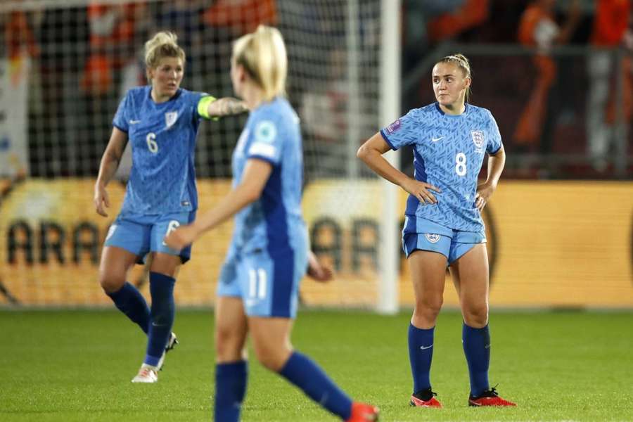 England's Millie Bright and Georgia Stanway react during their 2-1 defeat to Netherlands