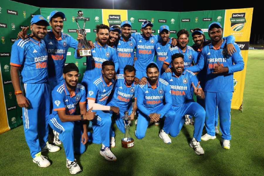 The India team celebrating their series win
