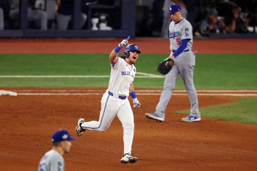 Blue Jays' Addison Barger celebrates home run in Game 1 of 2025 World Series against Los Angeles Dodgers Blue Jays' Addison Barger celebrates home run in Game 1 of 2025 World Series against Los Angeles Dodgers