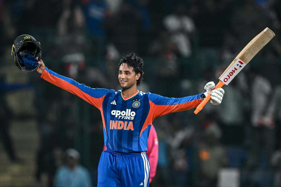 India's Abhishek Sharma celebrates after scoring his century