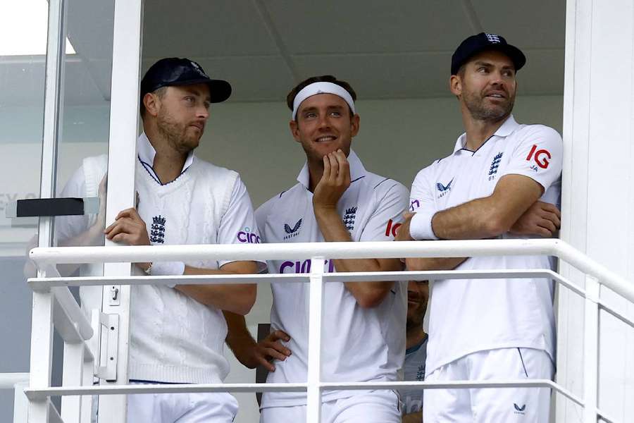 England's fast bowling brigade look on as rain falls at The Oval