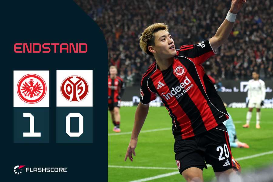 Ritsu Doan bejubelt seinen Siegtreffer für Eintracht Frankfurt gegen Mainz 05. Ritsu Doan bejubelt seinen Siegtreffer für Eintracht Frankfurt gegen Mainz 05.
