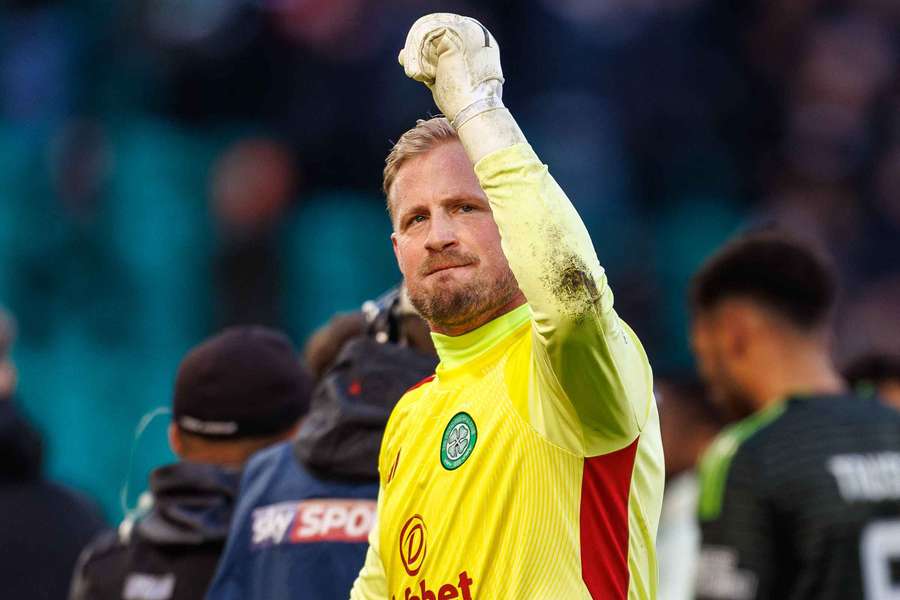 Celtic Goalkeeper Kasper Schmeichel celebrates with fans Celtic Goalkeeper Kasper Schmeichel celebrates with fans