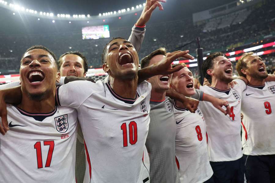 England players celebrate after beating Mexico in the last 16 of the World Cup England players celebrate after beating Mexico in the last 16 of the World Cup