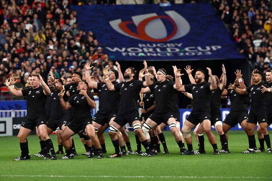 New Zealand's players perform the haka prior to the match