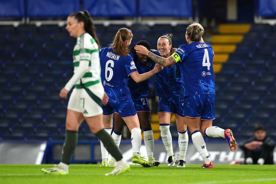 Chelsea's Lucy Bronze (second right) celebrates scoring their side's first goal 