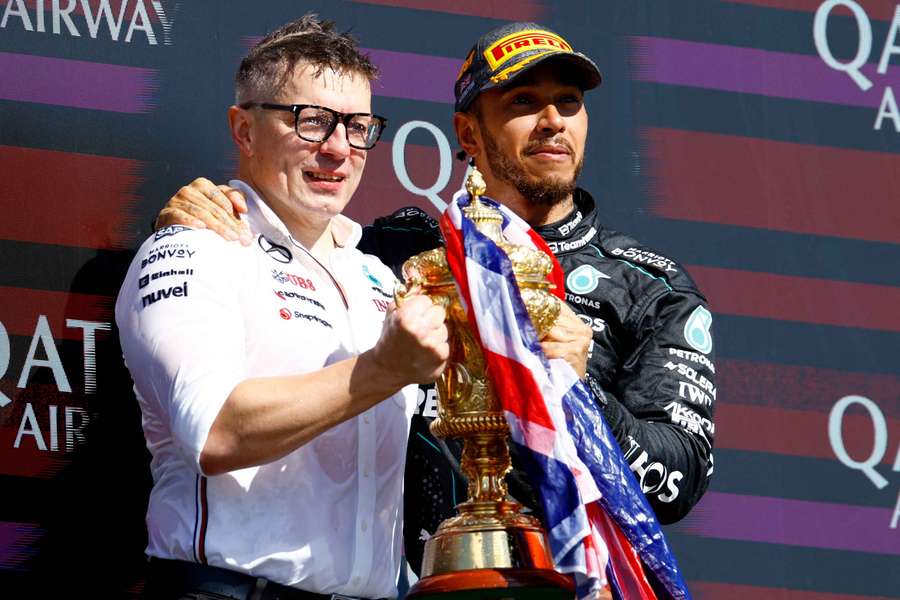 Peter Bonnington with Lewis Hamilton after the British Grand Prix 