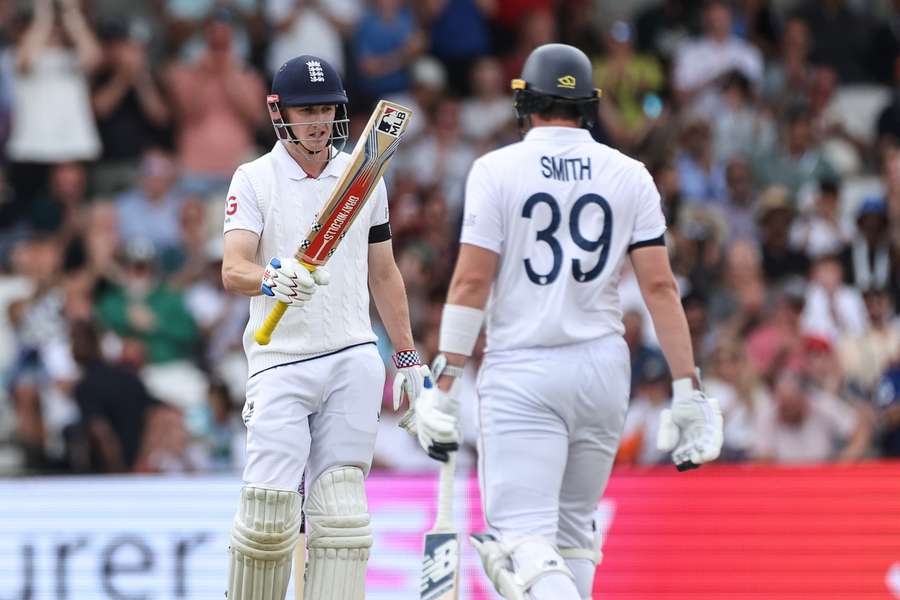 Harry Brook celebrates his half century