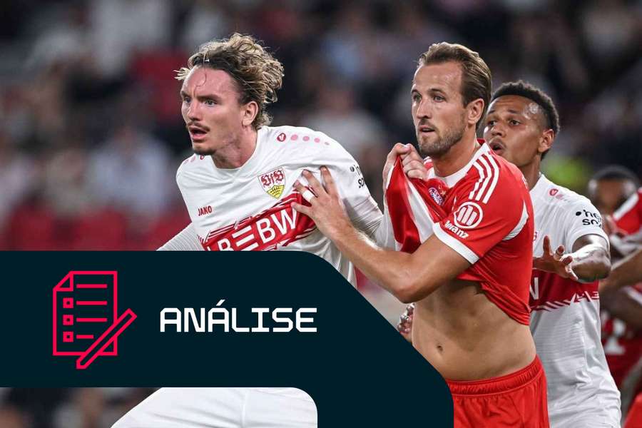 Harry Kane e Nick Woltemade, do Bayern de Munique, lutam pela bola