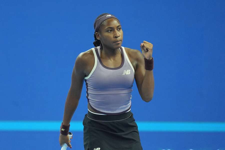 Coco Gauff celebrates after beating Yuliia Starodubtseva