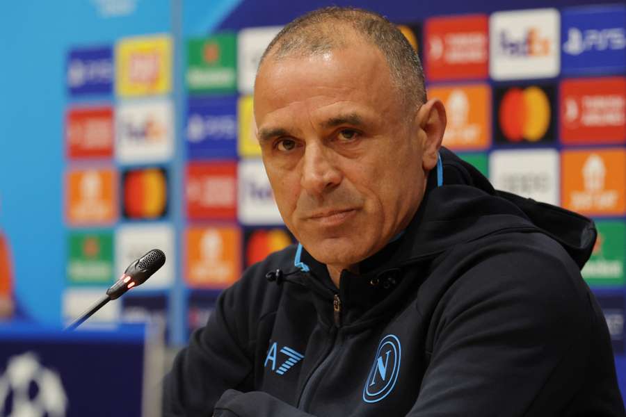 Napoli coach Francesco Calzona addresses a press conference on the eve of their Champions League last-16 second leg