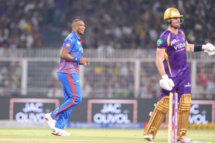 Lungi Ngidi of Delhi Capitals celebrating the wicket of Finn Allen of Kolkata Knight Riders Lungi Ngidi of Delhi Capitals celebrating the wicket of Finn Allen of Kolkata Knight Riders