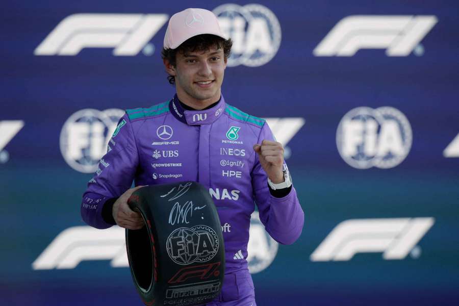 Kimi Antonelli celebrates his pole position in Florida