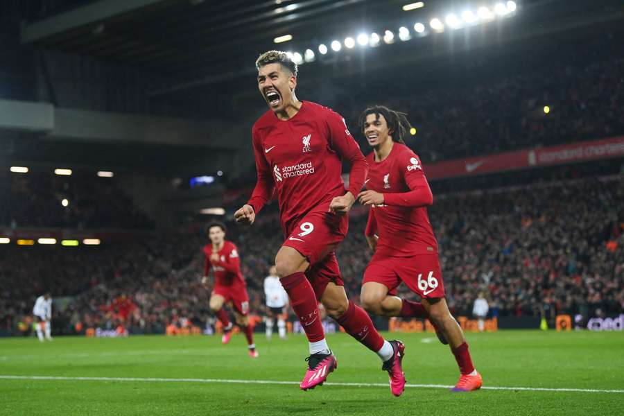 Roberto Firmino celebrating Liverpool's seventh goal against Manchester United