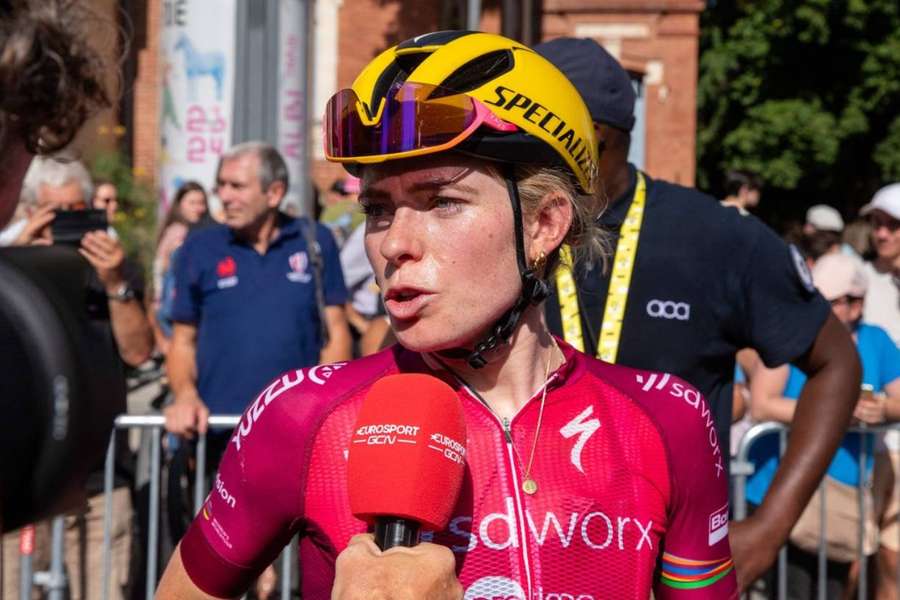 Demi Vollering speaks to reporters after the fifth stage of the women's Tour de France