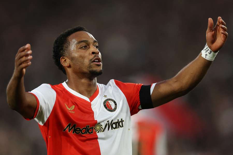 Feyenoord's Quinten Timber celebrates scoring a goal against Fenerbahce