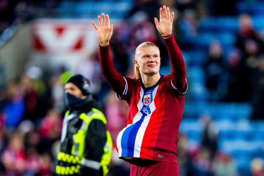 Erling Braut Haaland after scoring in the match between Norway and Kazakhstan