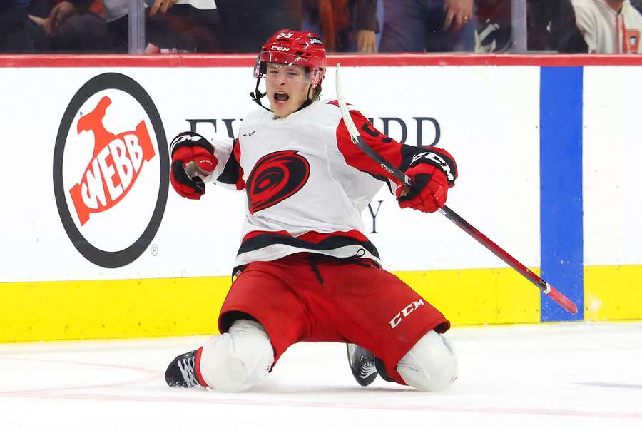 Hurricanes Jackson Blake celebrates game-winning goal against Philadelphia Flyers in second round of NHL Stanley Cup Playoffs