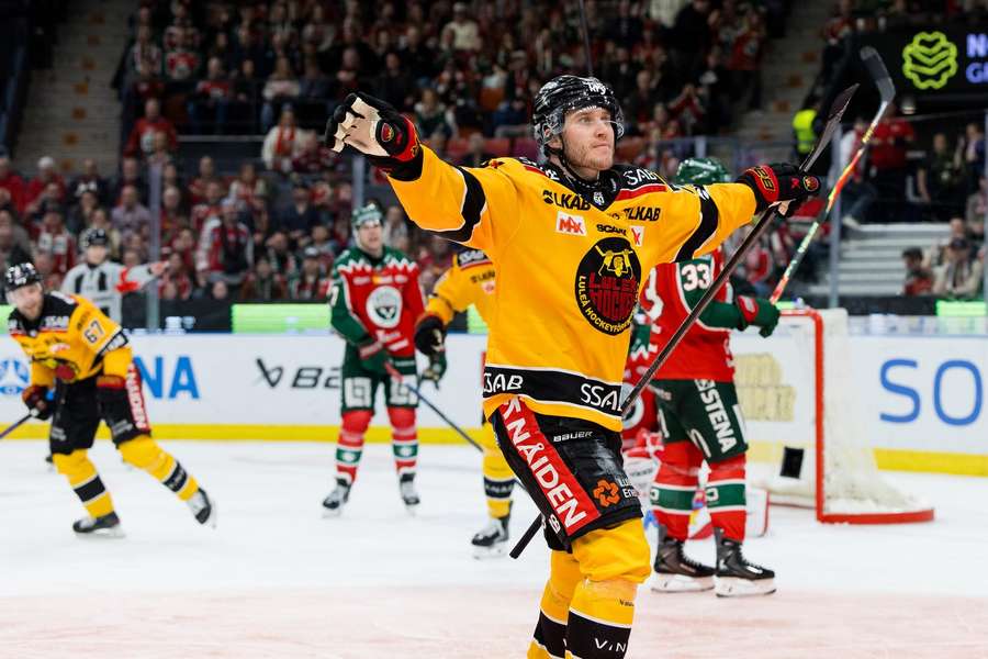 Anton Levtchi celebrates his overtime winner for Lulea