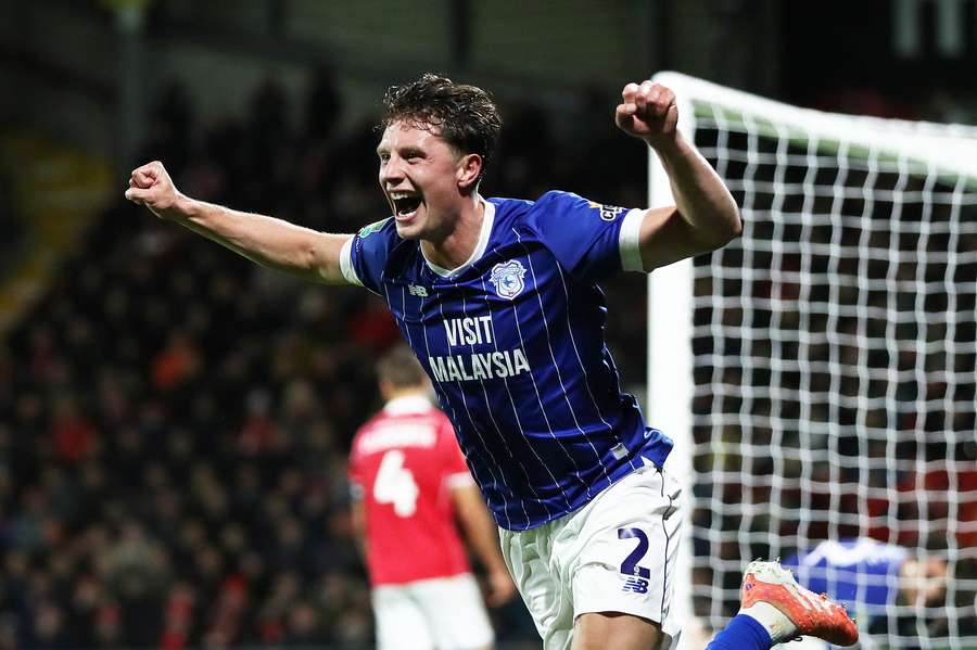 William Fish of Cardiff City celebrates scoring his team's second goal 