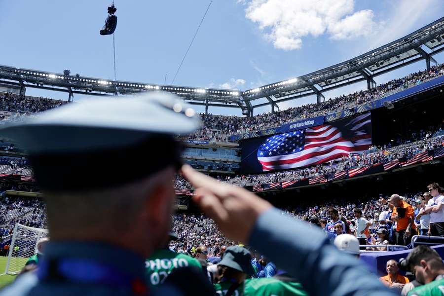 General view as the US flag is seen on the big screen inside the stadium before the match General view as the US flag is seen on the big screen inside the stadium before the match