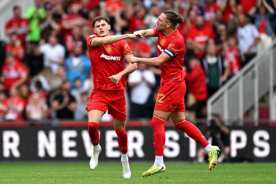 Will Lankshear (l) celebrates after scoring Middlesbrough's opener Will Lankshear (l) celebrates after scoring Middlesbrough's opener