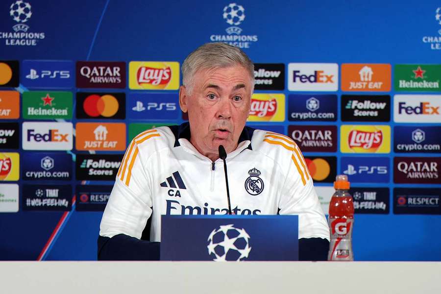 Carlo Ancelotti, lors de la conférence de presse avant le match contre Stuttgart à la Ciudad Real Madrid. 