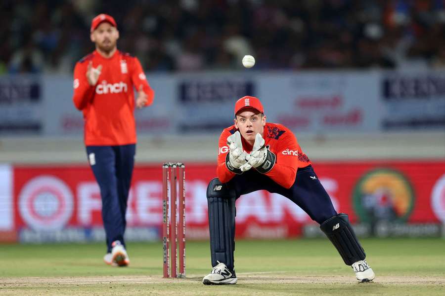 Jamie Smith wicketkeeping for England during their recent Twenty20 International series in India.